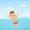 Crying Boy Splashing in Water Struggling to Swim Vector Illustration