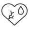 Crying broken heart line icon. Cracked love shape with tear drop symbol, outline style pictogram on white background