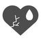 Crying broken heart solid icon. Cracked love shape with tear drop symbol, glyph style pictogram on white background