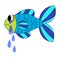 Crying cartoon fish. Dropping the tears from fish`s eyes. Sad blue and green fish isolated on white