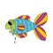 Crying cartoon fish. Dropping the tears from fish`s eyes. Sad hand drawn blue and violet, yellow, green fish isolated on white