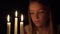 Crying Child by Candles, Sad Kid in Night, Upset Pensive Girl Face, Portrait