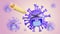 Crying cute purple colona virus character being injected with syringe on pastel background.,vaccine covid-19.,3d model and