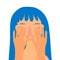 A crying, distressed woman covers her face with her hands. Girl with blue hair, flat style vector illustration.