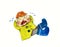Crying redhead boy in yellow coat and blue boots - cartoon watercolor illustration