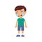 Crying sad little boy flat vector illustration. Upset child with tears on face standing alone cartoon character.