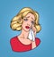 Crying woman face. Sad blonde wiping tears with handkerchief. Colorful comics vector illustration in pop art style.