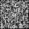 A cryptic message in black and white. The chaos of coded letters and numbers. An abstract pattern of text and figures. A geometric