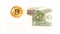 Crypto coin and dollars, wealth and investing. Bitcoin coin photo top view layout. Concept of mining business, wealth, fortune,