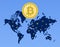Crypto currency Bitcoin on world map. Glowing points of cities. Vector illustration