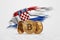 Crypto currency, gold coin BITCOIN BTC. Coin bitcoin against the background of the flag of Croatia. The concept a new currency,