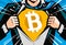 Crypto currency symbol, Bitcoin sign. Superhero or businessman tearing shirt in style pop art comic book