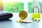Cryptocurrency Bitcoin Isolated on Table with Padlock and Wallet