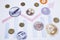 Cryptocurrency bitcoins and euro coins and a trading graphic