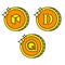 Cryptocurrency black outline gold icons dogecoin, gamecredits, neo