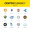 Cryptocurrency blockchain icons isolated white background. Set virtual currency.