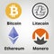 Cryptocurrency flat colorfull logo set - bitcoin, litecoin, ethereum, monero. Vector illustration.