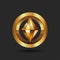 Cryptocurrency logo gold 3d geometric shape from a ring and a pointed figure inside, creative emblem blockchain technology