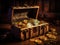 Cryptocurrency Riches: A Treasure Chest Brimming with Shiny Gold Bitcoins in a Mysterious Room - Generative AI
