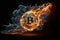 Cryptocurrency\\\'s unpredictable nature is symbolized by a flaming bitcoin. Ai