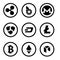 Cryptocurrency or virtual currencies black icon set isolated