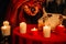 Crystal ball, candles. Wicca, esoteric, divination and occult background with vintage magic objects