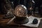 a crystal ball, surrounded with mystical runes and symbols, on a wooden table