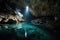 crystal-clear pool of water in the depths of cave, with spelunking gear and headlamp visible