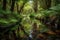 crystal-clear stream flowing past forest oasis, with reflections of the trees in the water