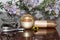 Crystal and cream on a polished table