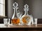 A crystal decanter and shot glasses stand on a wooden table.