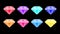 Crystal diamonds pixel icons. Red jewels with blue facets and purple glitter luxurious yellow treasure.