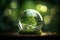 Crystal glass sphere with green tree inside on light green forest background. Generative AI