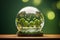 Crystal glass sphere with green tree inside on light green forest background. Generative AI