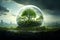 Crystal glass sphere with green tree inside on light green forest background. Generative AI