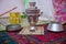 Crystal glass of tea on with metal samovar . cast iron old pot . Iron Wok very old . Azerbaijan tea samovar Concept traditional