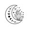 Crystal moon phase crystal flowers tattoo. Magic celestial coloring page. Mystical moon phase graphic element.