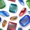 Crystal pattern. Gemstones seamless texture. Realistic shiny diamonds. Premium emeralds. Glowing sapphires and brilliant