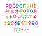 Crystal pixel font, retro video game design. Vector colorful alphabet.