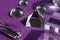 Crystal prism refracting light, magic crystals and pyramid, sphere and cube on purple background. Spiritual healing