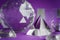 Crystal prism refracting light, magic crystals and pyramid, sphere and cube on purple background. Spiritual healing