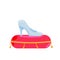 Crystal slipper on red pillow. Luxurious cushion, fabulous coronation. Glass shoes fairy tales.