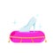 Crystal slipper on red pillow. Luxurious cushion, fabulous coronation. Glass shoes fairy tales.