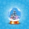 Crystal snow globe with cute snowmen and fir tree on snowy background