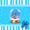 Crystal snow globe with cute snowmen and fir tree on striped snowy background