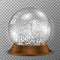 Crystal snow globe on wooden pedestal. Transparent vector snowglobe with wood decoration.