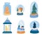 Crystal snow globes set with winter landscape and house. Magic glass balls for winter xmas holiday concept. Snow globes icon