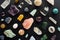 Crystal stones set on black background. Gemstones and crystals on dark background. Background of healing minerals