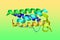 Crystal structure of leptin, human obesity protein. Ribbons diagram in rainbow colors on colorful background. Rendering