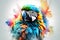 Crystal white background ,digital art, rainbow smoke macaw parrot portrait in HD background